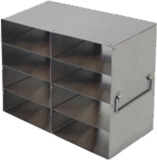 [FR-2-8-100] stainless steel laboratory freezer rack for 100 place hinged lid plastic cryo boxes two deep by four high 