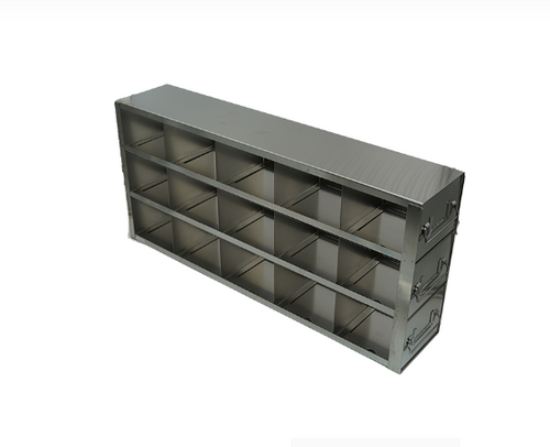 [A-FRD-375-15] stainless steel laboratory drawer freezer rack for 3 75 inch cryo boxes 15 boxes in a five deep by three high configuration
