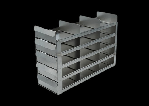 [FR-A-SL-2-15] stainless steel laboratory freezer rack with sliding trays for 2 inch cryo boxes five high by three deep 